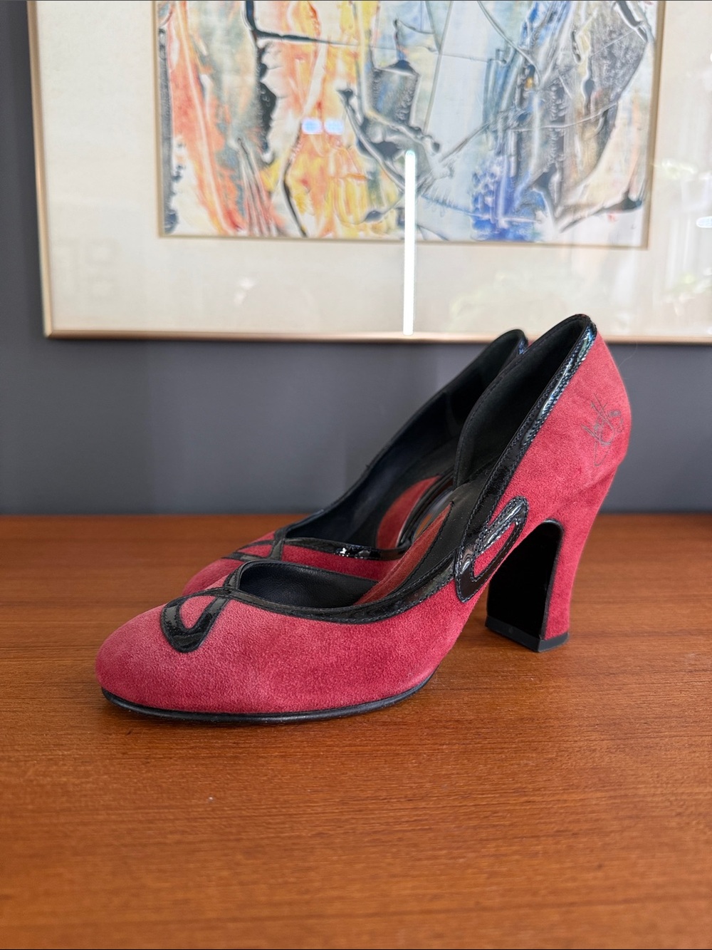 John Fluevog Cana red suade heels 90s 6.5 size